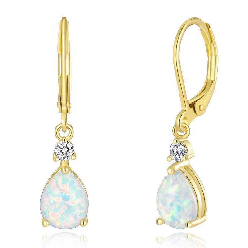 CiNily Small Gold Dangle Earrings Opal Leverback Drop Earrings for Women 14K Yellow Gold Plated Teardrop Gemstone Earrings - Image 1